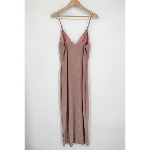 REFORMATION Disco Midi Dress V-Neck Metallic Maxi Rose Sparkle Pink Slip Dress - Picture 7 of 12